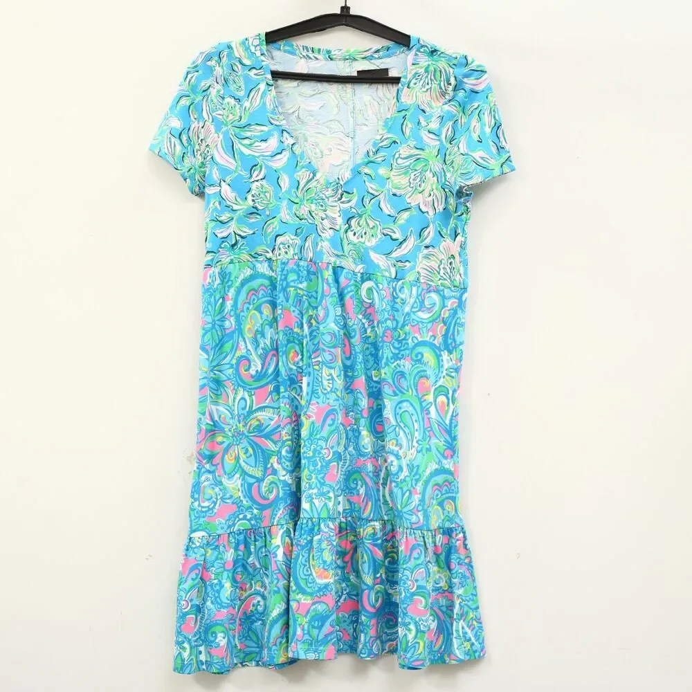 Lilly Pulitzer Floral Paisley Peinted Tiered Swing Mini Dress Cotton S 289511
